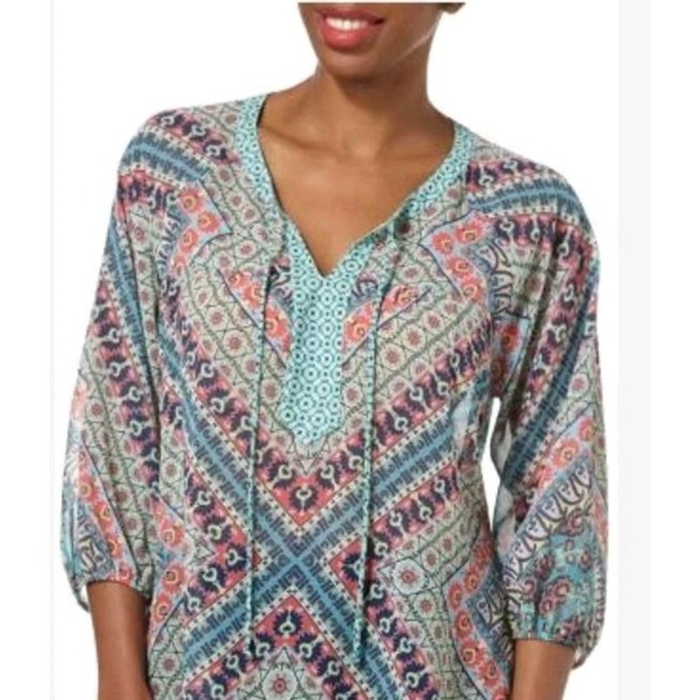 Fig And Flower Womens Large Bohemian Sheer Blouse Lace Back Tassel V-Neck Top